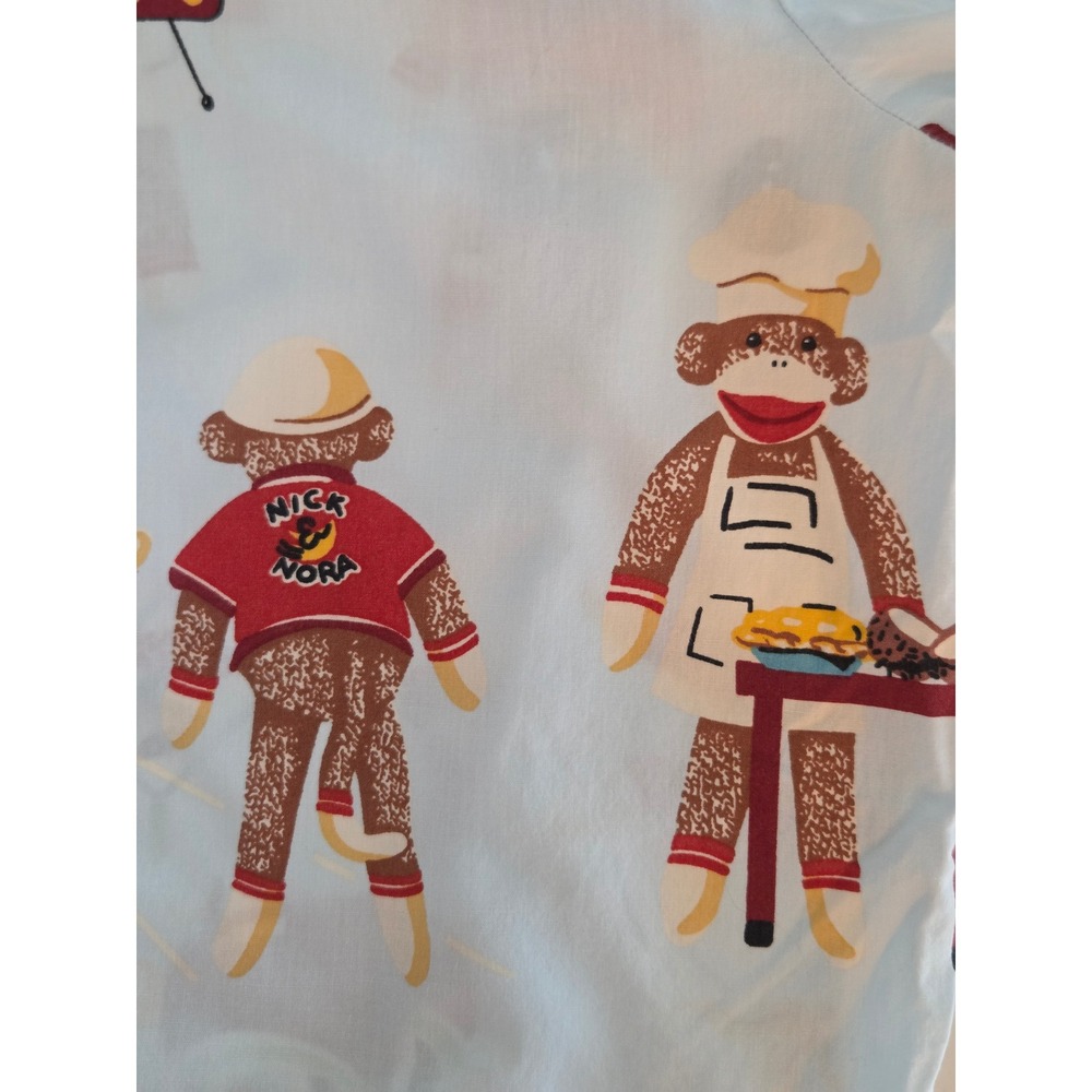Nick & Nora Pajama Top L Blue Sock Monkey Button Front Sleep Shirt VTG Cotton - Picture 3 of 12
